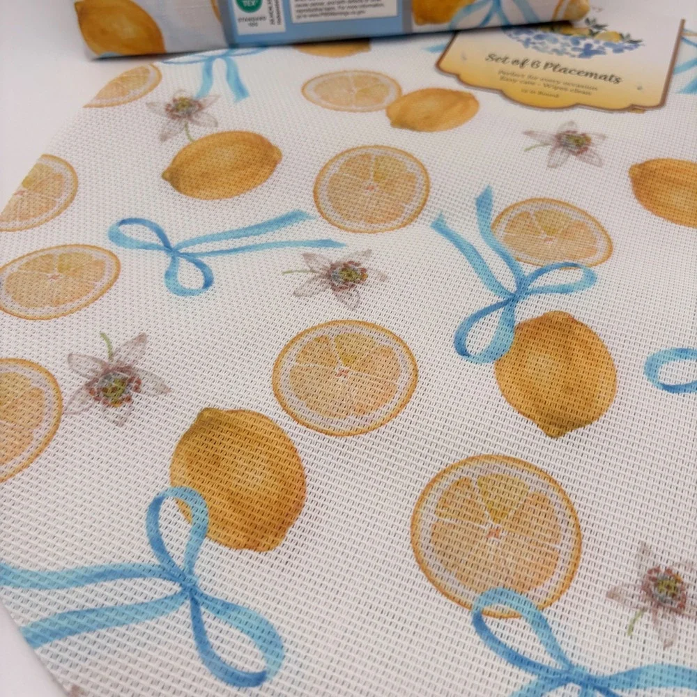 Bright Slice Lemon Tablecloth 60x84 & Mint Ivy‎ 6 Placemats Set Blue Bow Citrus